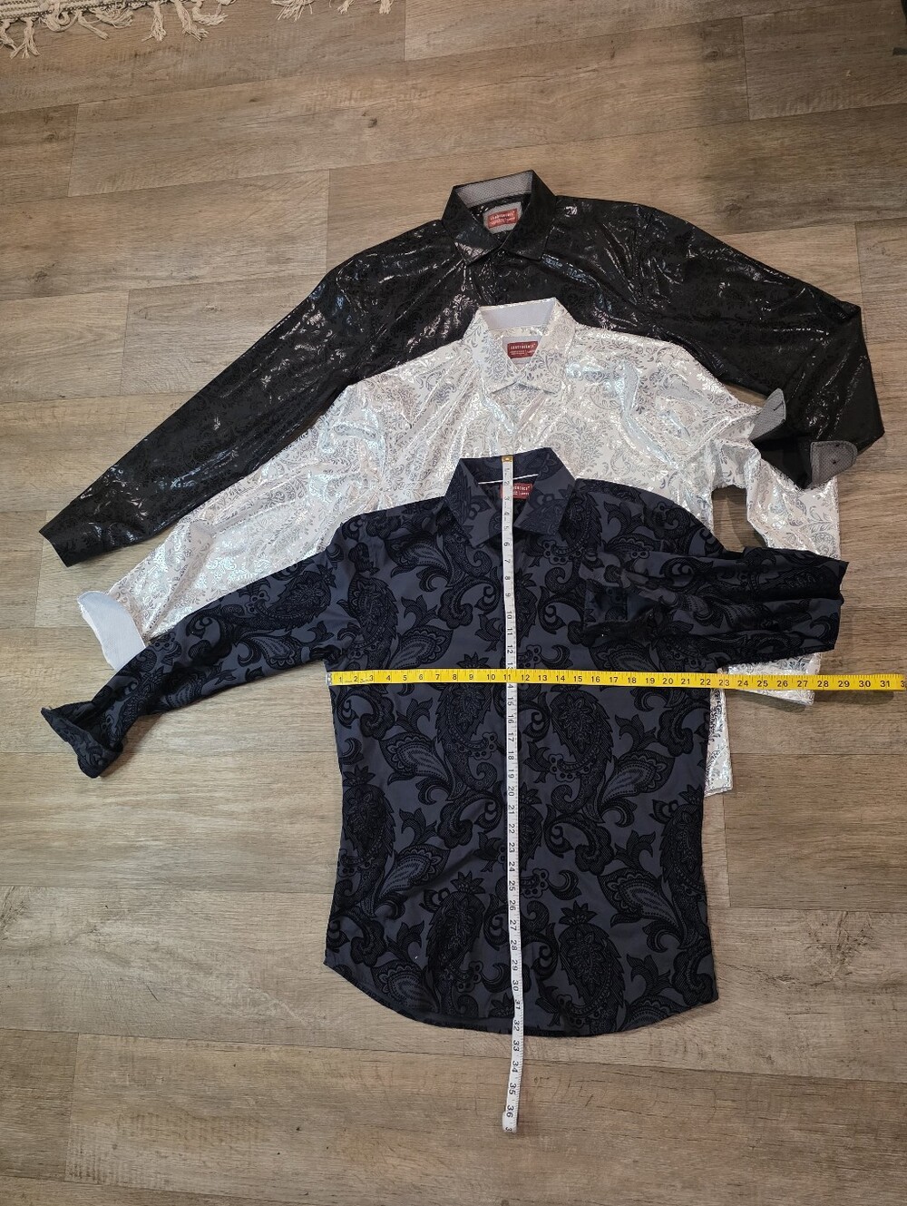 Lot of 3 Consequence Mens Shirts Large LS Foil Shiny Black White Navy Paisley